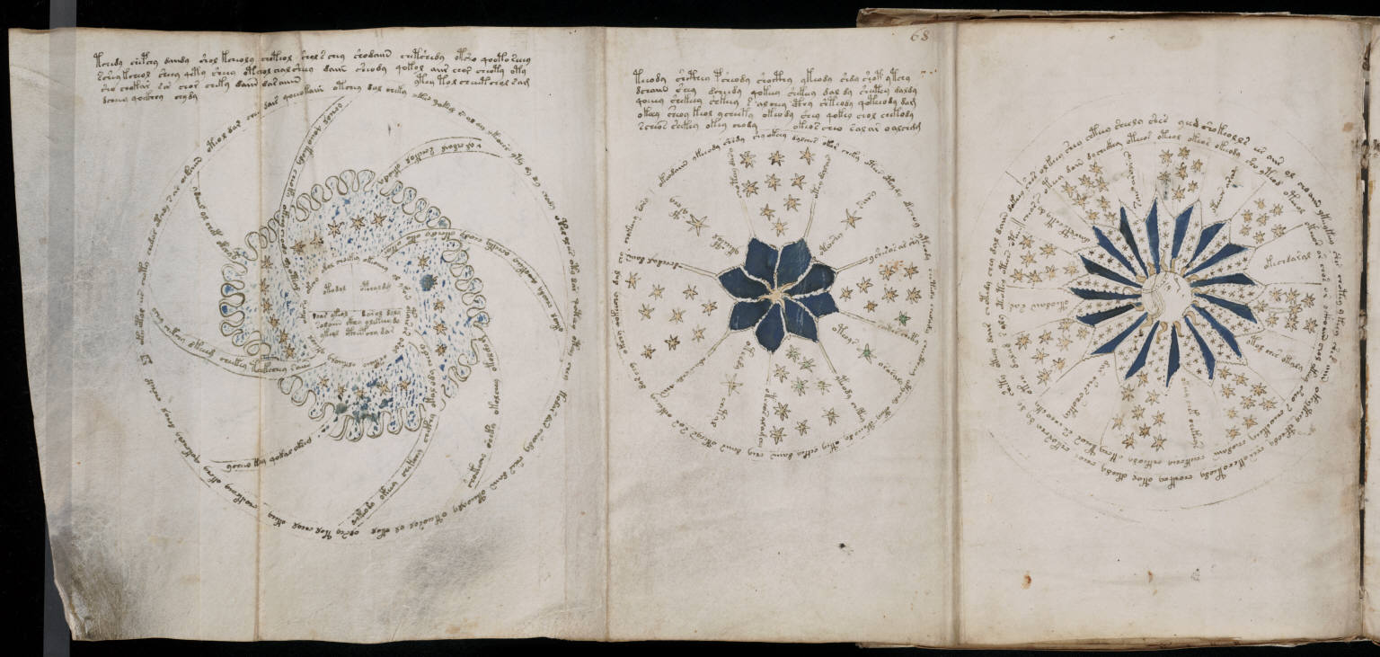 Voynich folio 68r: circular astronomical diagram with stars and radial labels